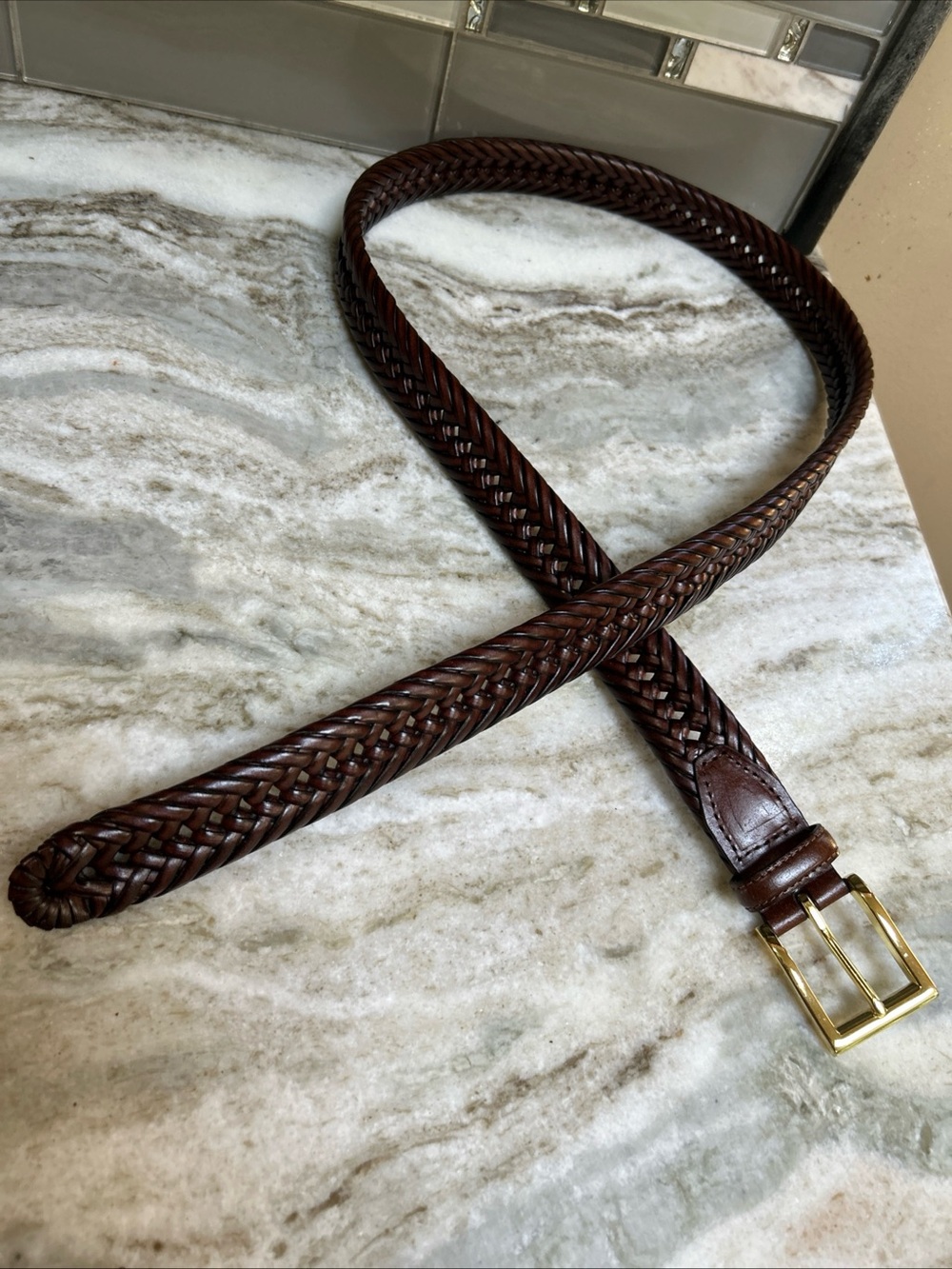 Vintage Woven Braided genuine Brown Leather Belt Size 44 men’s preppy